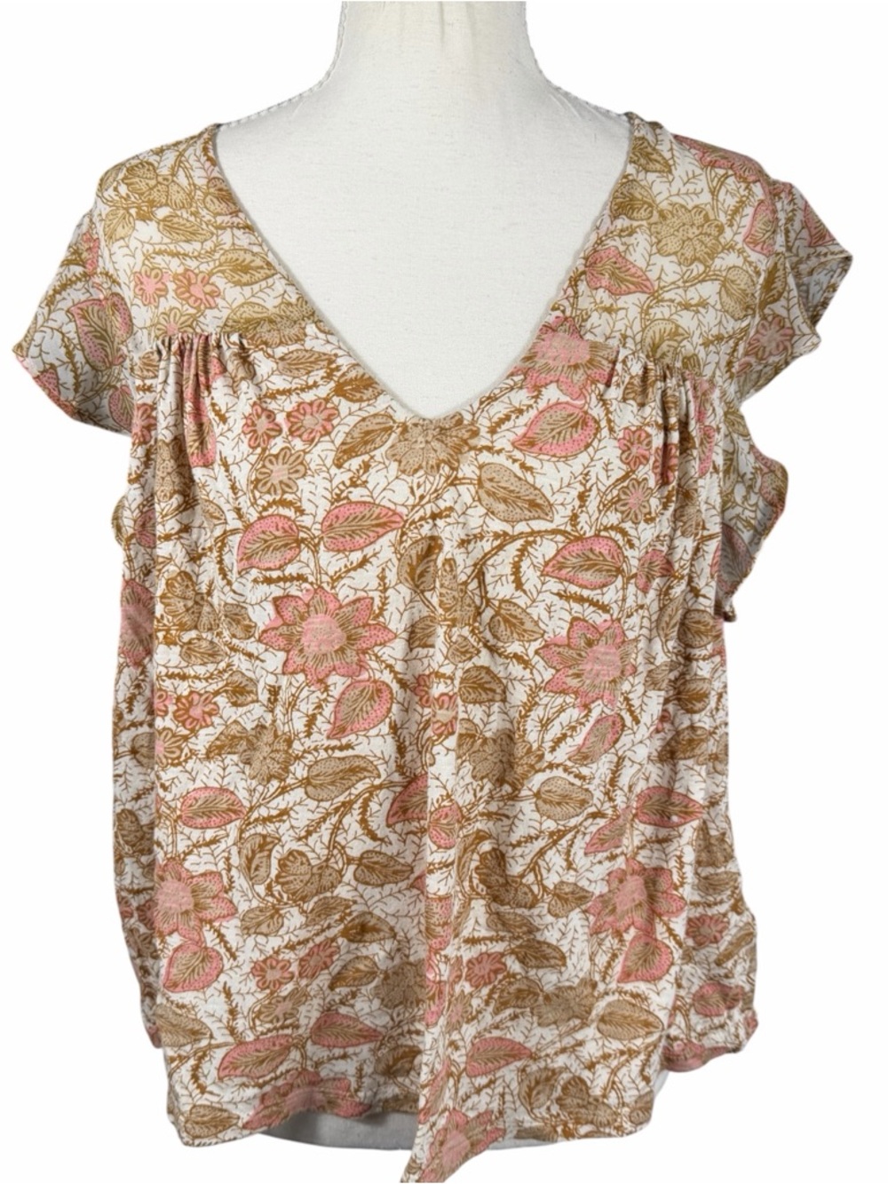 Lucky Brand Floral Top Womens Large Pink Tan Flutter Sleeve V Neck Boho - Picture 9 of 12